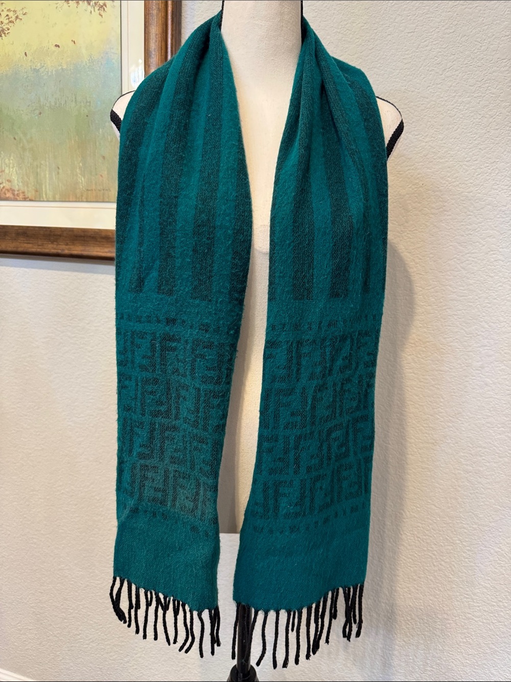 Authentic Fendi Teal Jacquard Logo Fringe Scarf